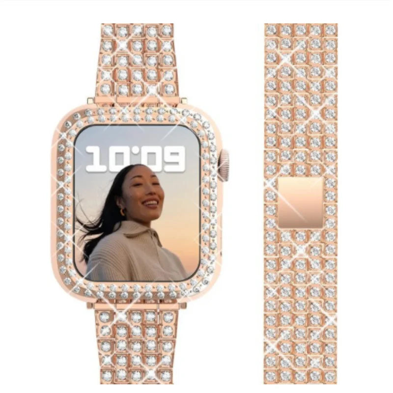 Cover+Diamond Strap For Apple watch band 44mm 41mm 38mm correa 45/40mm Metal Bracelet iWatch Series 3 4 5 6 se 7 8 42/38mm Case
