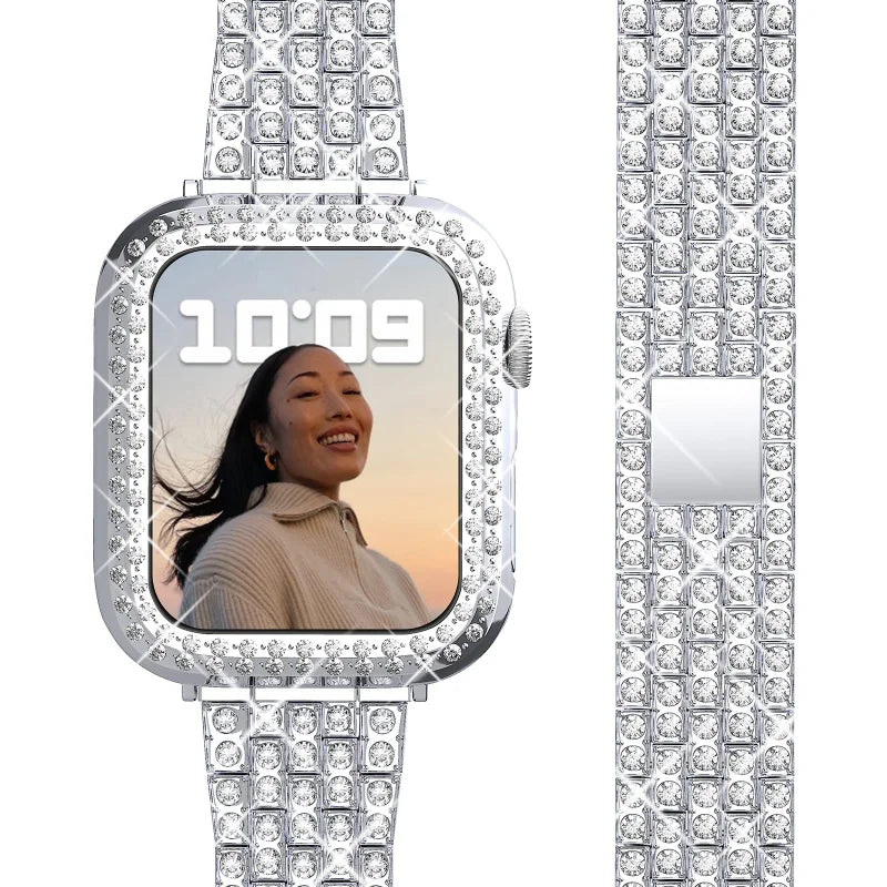 Cover+Diamond Strap For Apple watch band 44mm 41mm 38mm correa 45/40mm Metal Bracelet iWatch Series 3 4 5 6 se 7 8 42/38mm Case