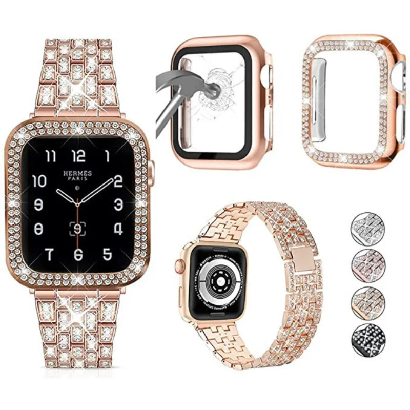 Cover+Diamond Strap For Apple watch band 44mm 41mm 38mm correa 45/40mm Metal Bracelet iWatch Series 3 4 5 6 se 7 8 42/38mm Case