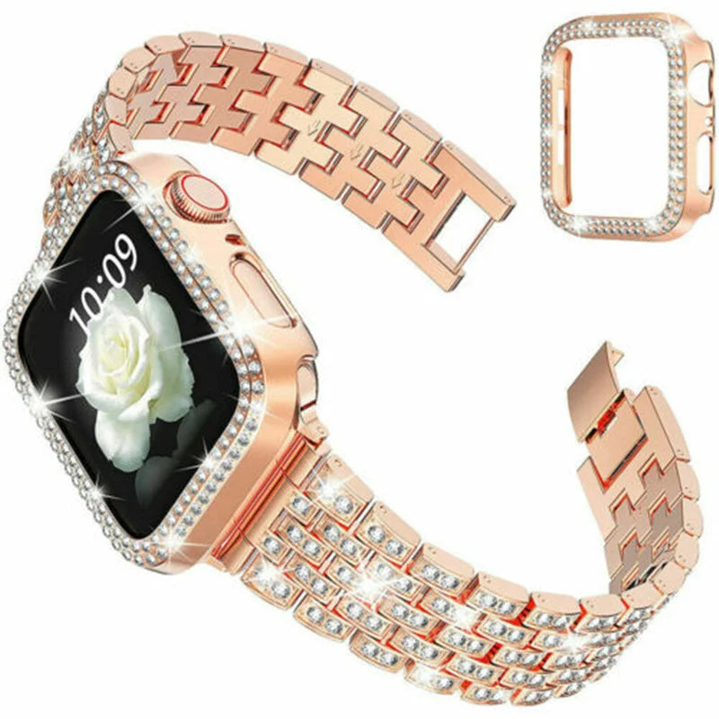 Cover+Diamond Strap For Apple watch band 44mm 41mm 38mm correa 45/40mm Metal Bracelet iWatch Series 3 4 5 6 se 7 8 42/38mm Case