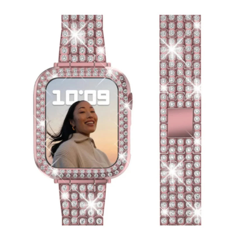 Cover+Diamond Strap For Apple watch band 44mm 41mm 38mm correa 45/40mm Metal Bracelet iWatch Series 3 4 5 6 se 7 8 42/38mm Case