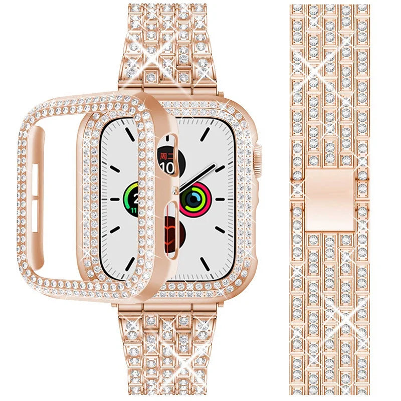 Cover+Diamond Strap For Apple watch band 44mm 41mm 38mm correa 45/40mm Metal Bracelet  iWatch Series 3 4 5 6 se 7 8 42/38mm Case