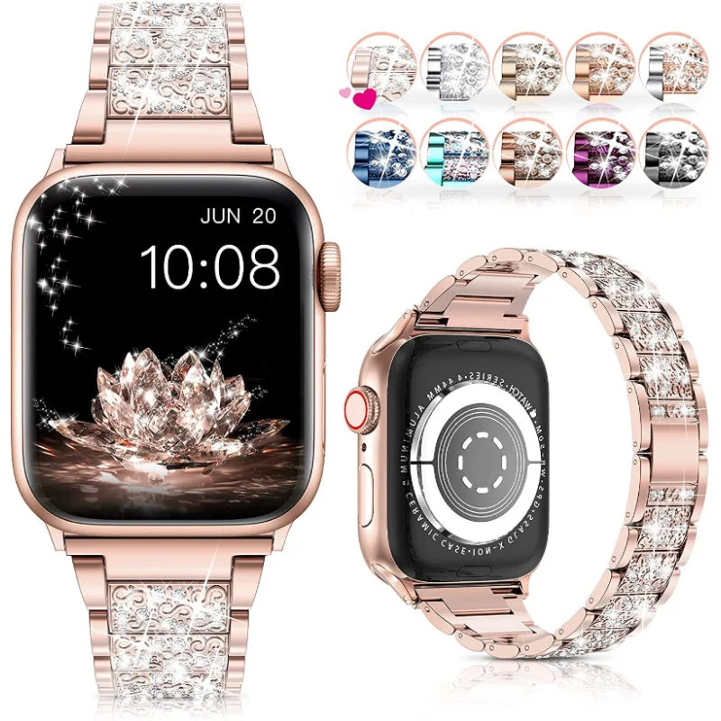 Link Bracelet for Apple Watch Band 7 8 41mm 45mm 40mm 44mm Diamond Shining Women Metal Strap IWatch Series SE 6 5 4 3 38mm 42mm