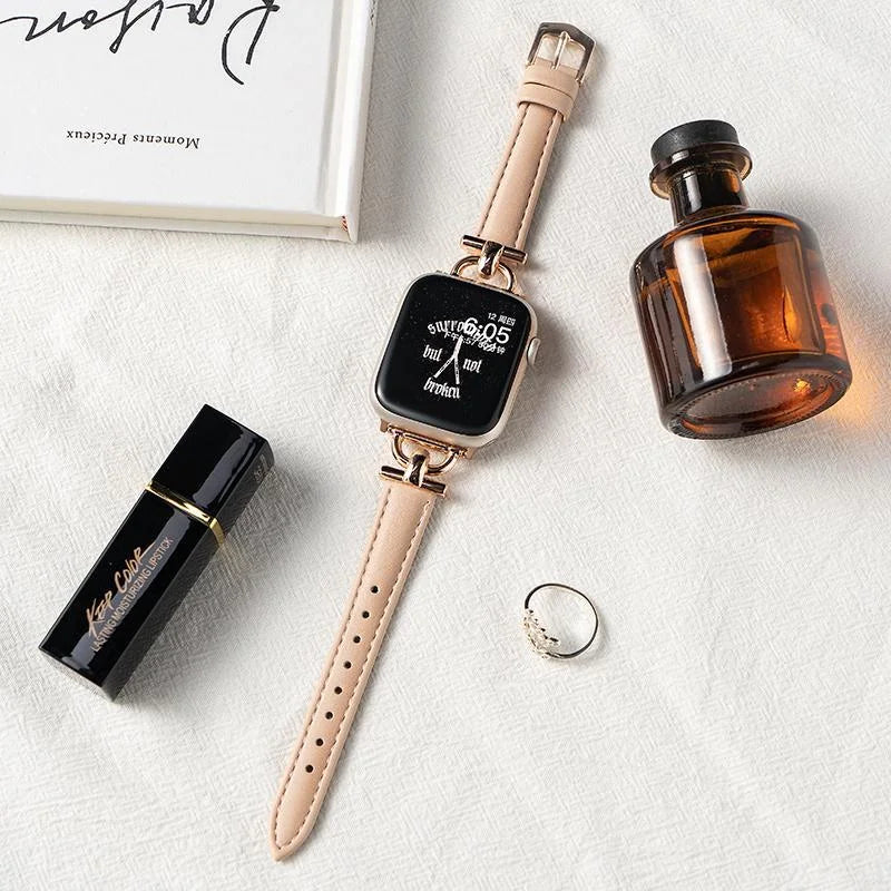 Leather Slim Watchband For Apple Watch Band 41MM 45MM 40mm 44mm 38mm 42mm Series 7 SE 6 5 4 3 2 1 Woman Thin Correa Wrist Strap