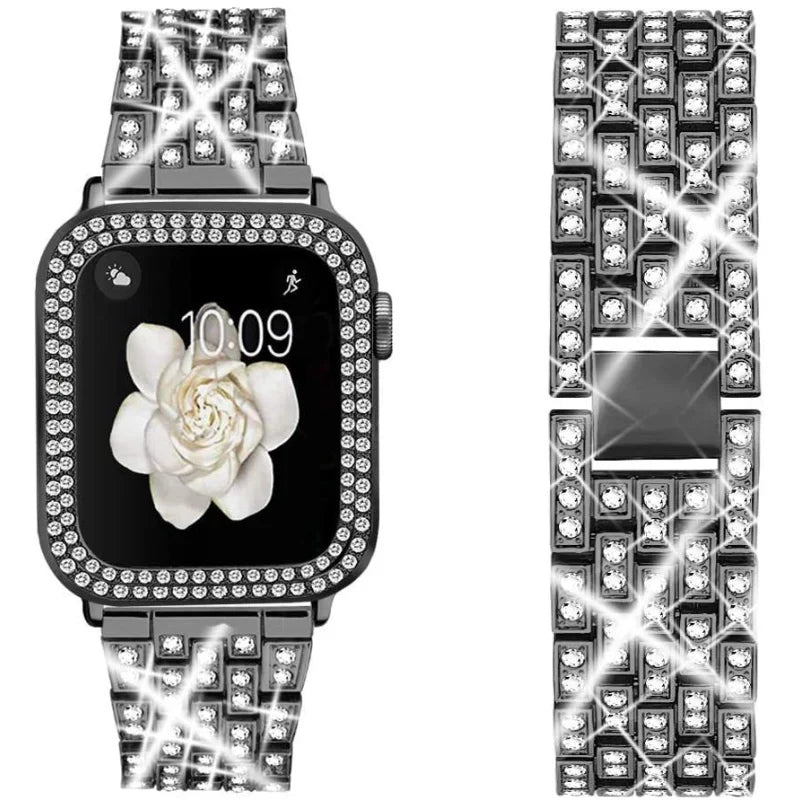 Metal Strap with Case for Apple Watch Band 41mm 45mm 40mm 44mm Woman Diamond Stainless Steel Link Bracelet for iWatch  SE 7 8