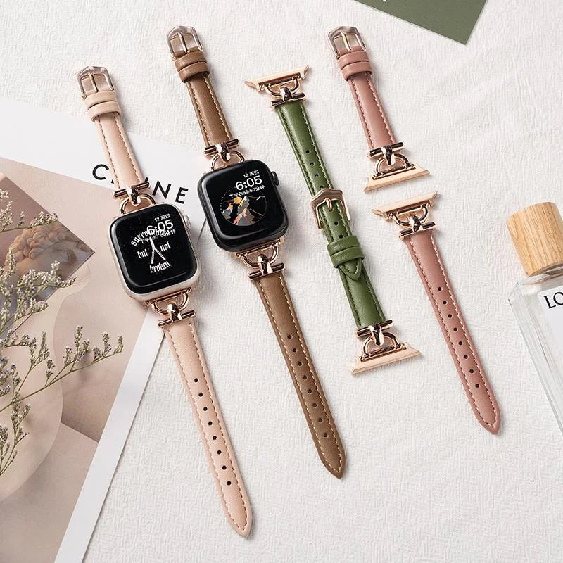 Leather Slim Watchband For Apple Watch Band 41MM 45MM 40mm 44mm 38mm 42mm Series 7 SE 6 5 4 3 2 1 Woman Thin Correa Wrist Strap
